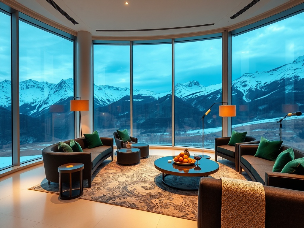 "Modern Alpine luxury suite with panoramic mountain windows, alpine white walls, charcoal furniture, emerald accents, gold details, warm curated lighting, subtle casino-lounge ambience in background, premium spa mood."