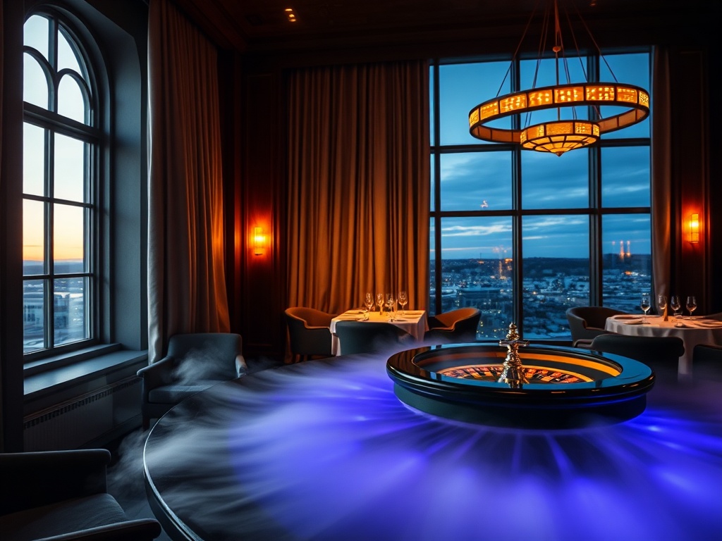 "luxury Nordic casino hotel interior at dusk in Helsinki, elegant suite window light, warm dining glow, subtle roulette table lights, spa steam ambience, inviting weekend vibe, refined upscale adults"