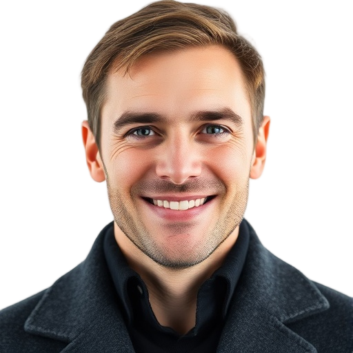 A smiling person resembling Klaas Jansen, elegant resort guest, glacier-blue eyeshadow, charcoal jacket, soft-gold lighting, on white background looking like