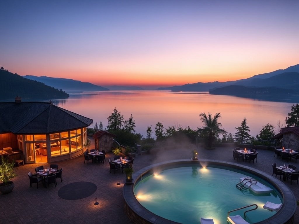 Elegant lakeside Austria boutique casino hotel at dusk, panoramic suites, serene spa steam, intimate piano lounge lighting, gourmet dining ambiance, cinematic luxury.