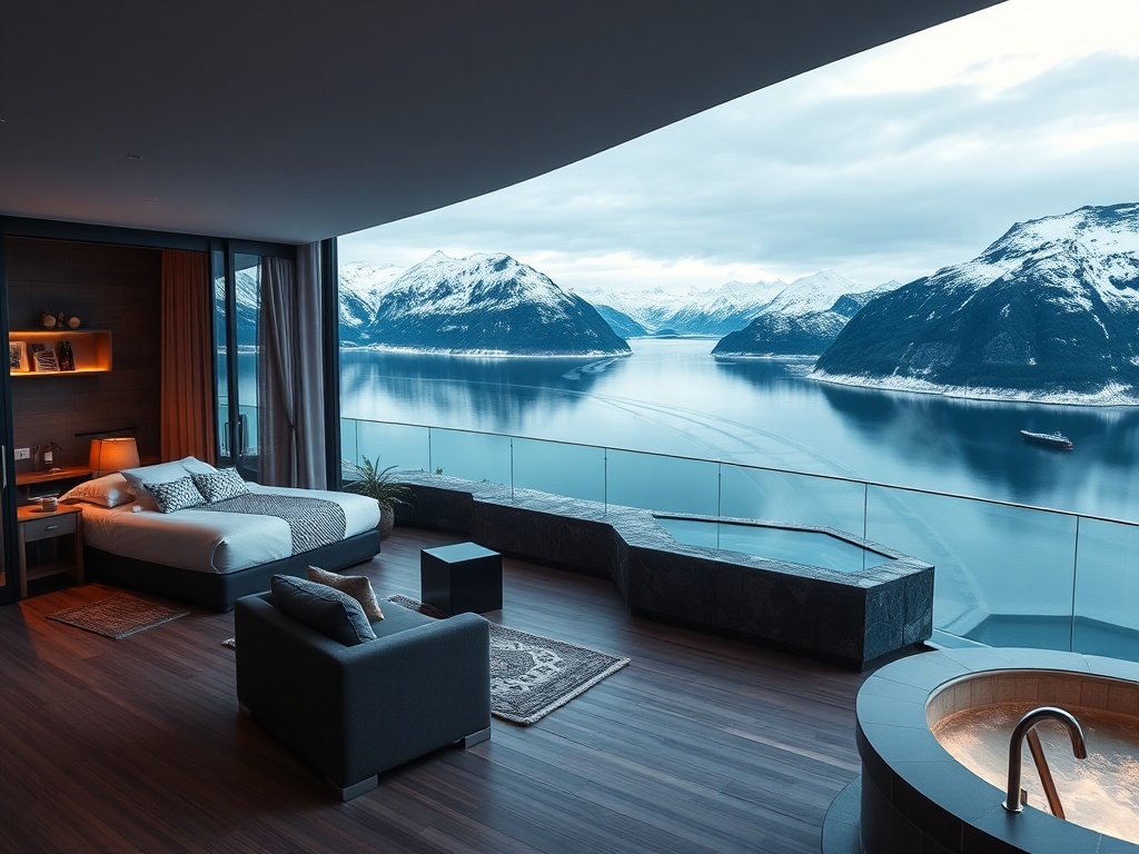 Panoramic arctic fjord resort interior montage