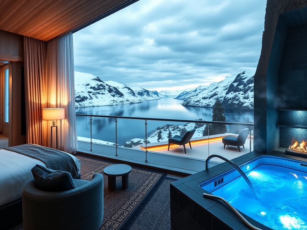 Panoramic arctic fjord resort interior montage