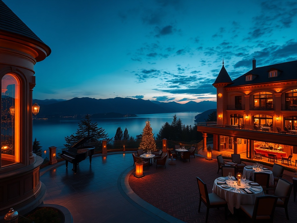 Elegant lakeside Austria boutique casino hotel at dusk, panoramic suites, serene spa steam, intimate piano lounge lighting, gourmet dining ambiance, cinematic luxury.