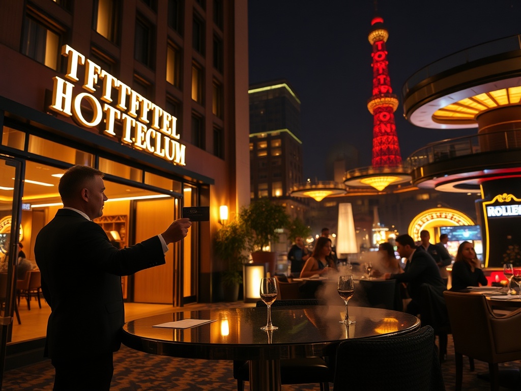 "Rotterdam hotel exterior at night, warm lobby light, concierge handing a key card, elegant dining table, spa steam, distant casino roulette glow, stylish adults."