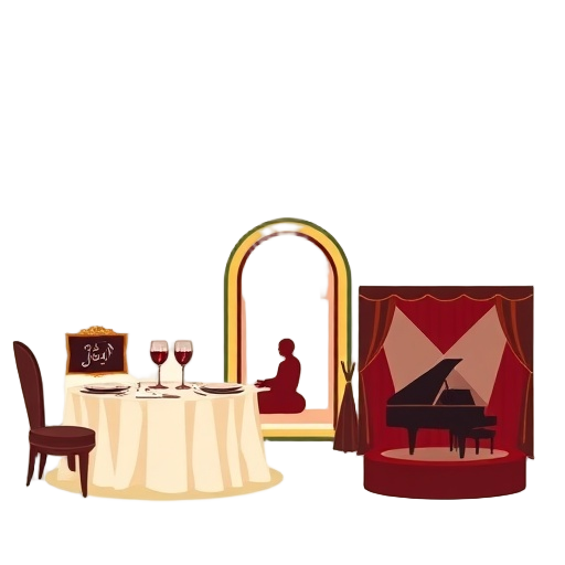 "feast" "spa" "show" Carefully describe a grand imperial hotel experience icon scene in ivory, black, burgundy, and gold accents