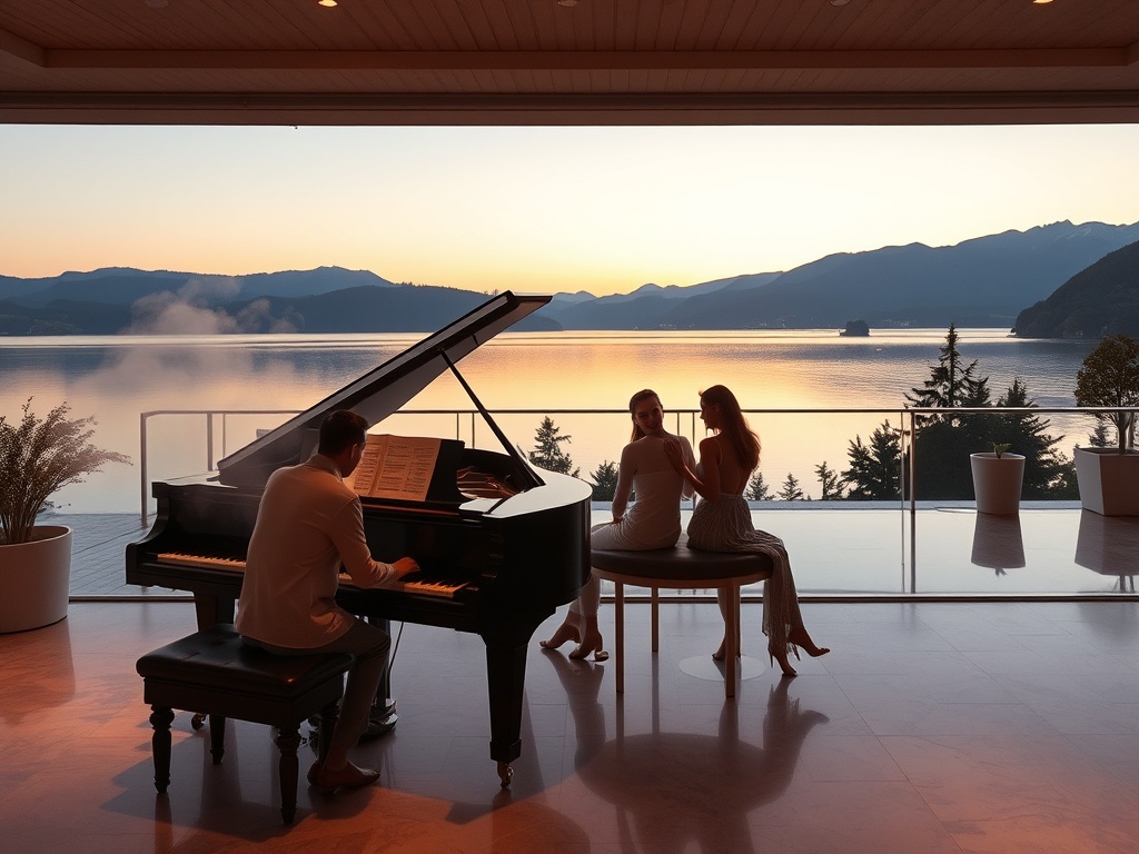 "lakeside Austrian luxury boutique casino hotel" "adult-only ambience" "elegant spa steam" "piano lounge glow" "quiet couple on terrace" "gentle sunset reflections" "marble details"