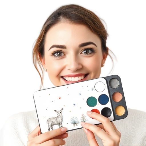A person smiling to the camera, holding a watercolor palette with subtle “winter animal” illustrations, soft lighting, white background, elegant tone.