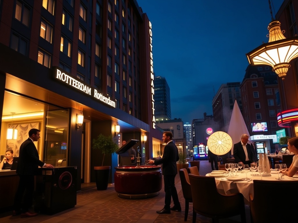 "Rotterdam hotel exterior at night, warm lobby light, concierge handing a key card, elegant dining table, spa steam, distant casino roulette glow, stylish adults."