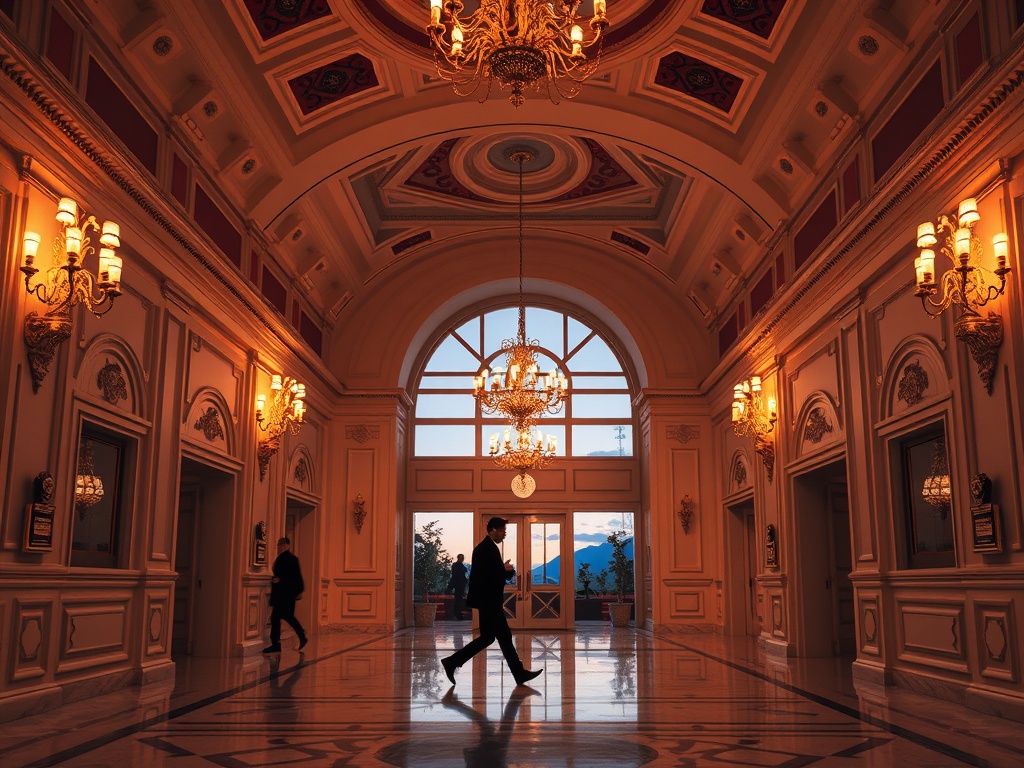 “imperial Austrian casino hotel entrance at dusk, ivory-and-burgundy hall, gold chandeliers, marble floors, a lone adult traveler turning amid elegant wayfinding silhouettes, cinematic lighting”