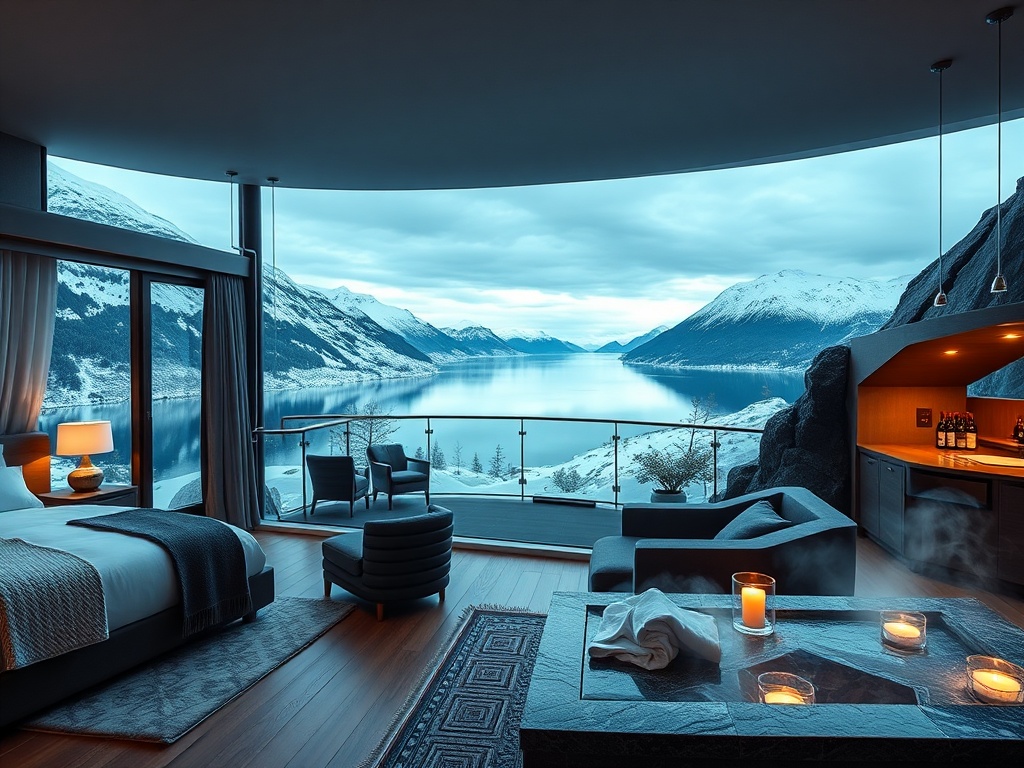 Panoramic arctic fjord resort interior montage