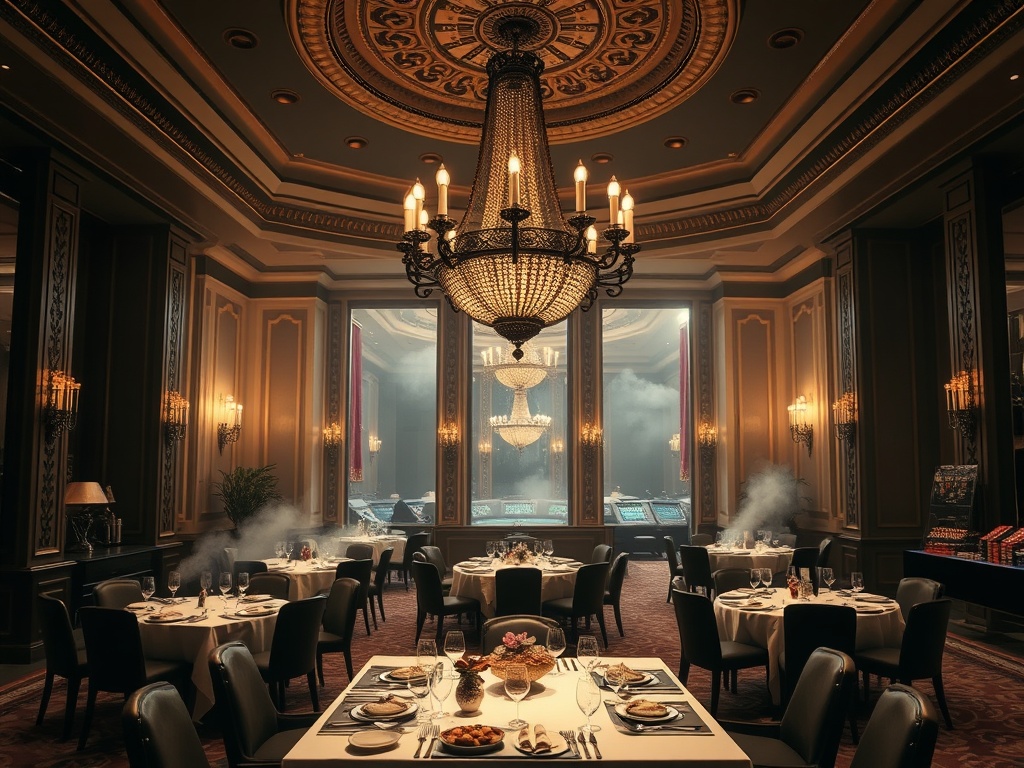 “Imperial Austrian casino hotel interior, ivory black burgundy gold, grand chandelier; elegant dining with Austrian dishes; serene spa steam; distant casino tables, warm cinematic light.”