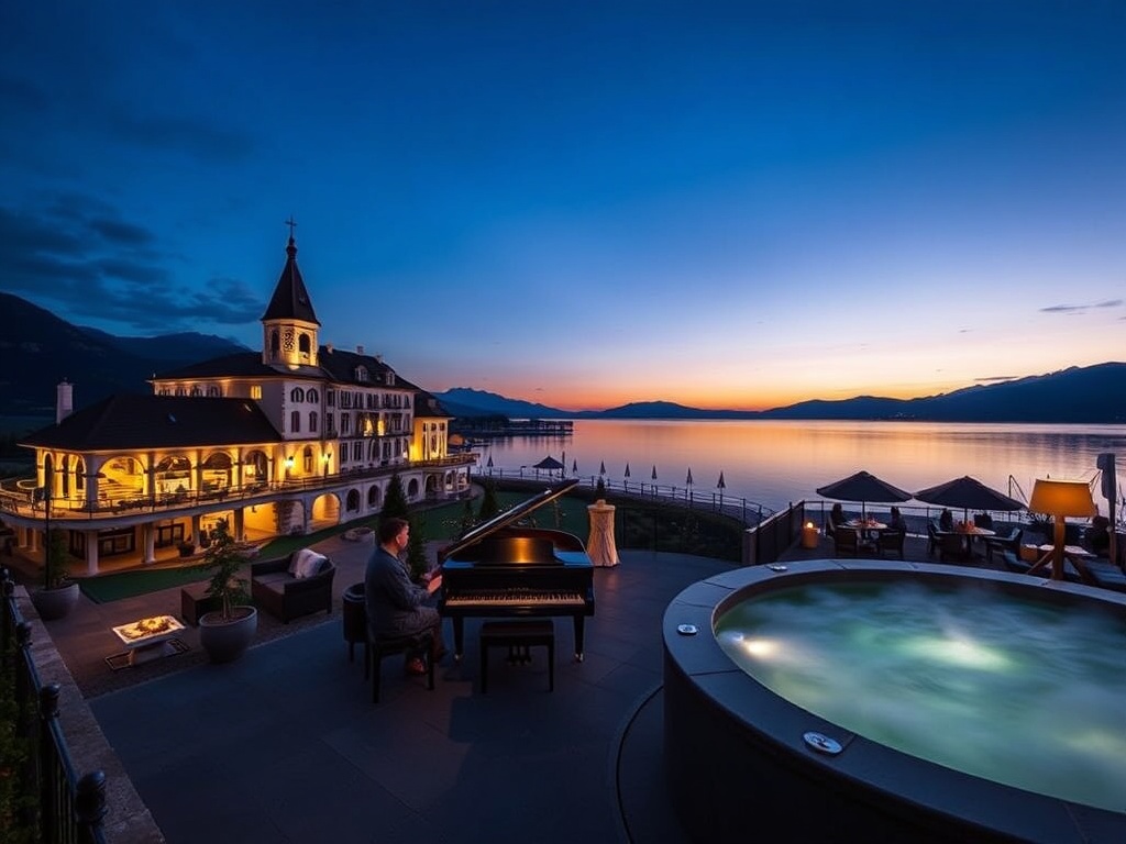 Elegant lakeside Austria boutique casino hotel at dusk, panoramic suites, serene spa steam, intimate piano lounge lighting, gourmet dining ambiance, cinematic luxury.