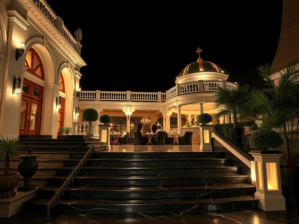 "royal Austrian resort night terrace" with "black marble steps" "ivory and gold accents" "champagne lounge glow" inviting "call-to-action atmosphere" "no people, no signage"