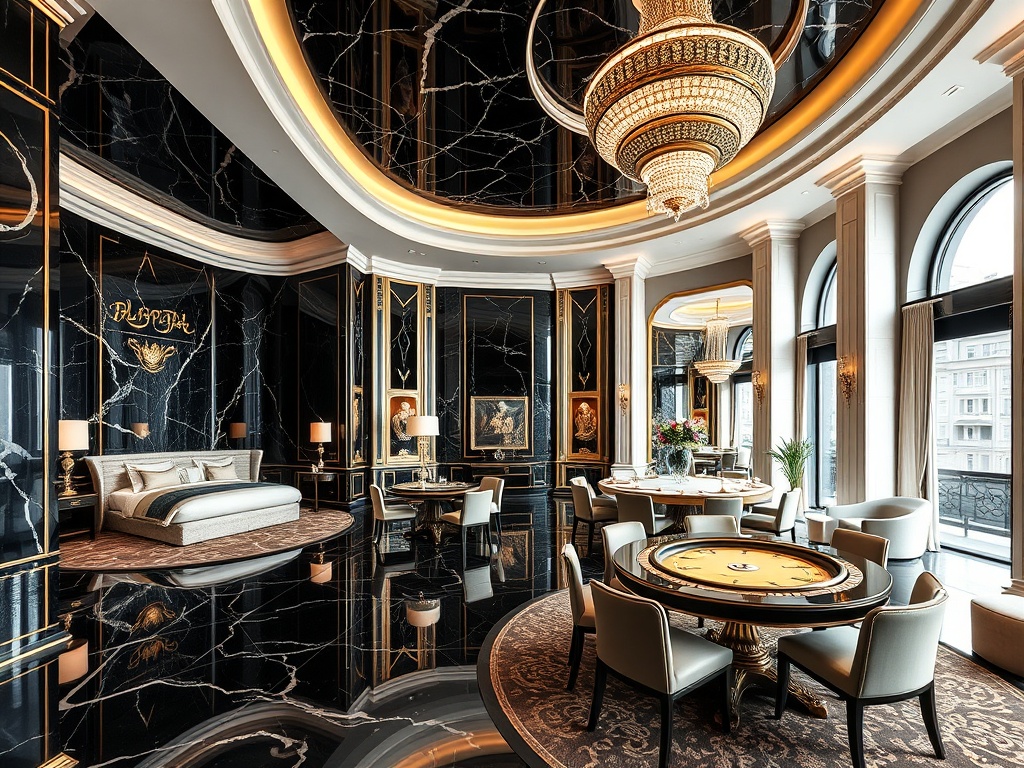 Luxurious Austrian royal resort interior, "black marble" with "ivory" and "gold", "grand suite bedroom", "gourmet dining table", "elegant casino gaming hall", "serene spa lounge", lighting