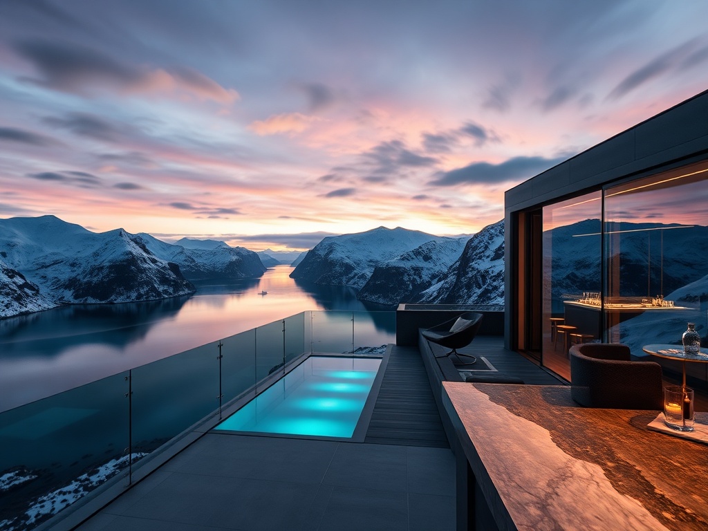 “Norwegian Arctic fjord at dusk with a sleek luxury hotel terrace, panoramic suite windows glowing, glacier-blue and charcoal lighting, sky-view cocktail bar ambience.”