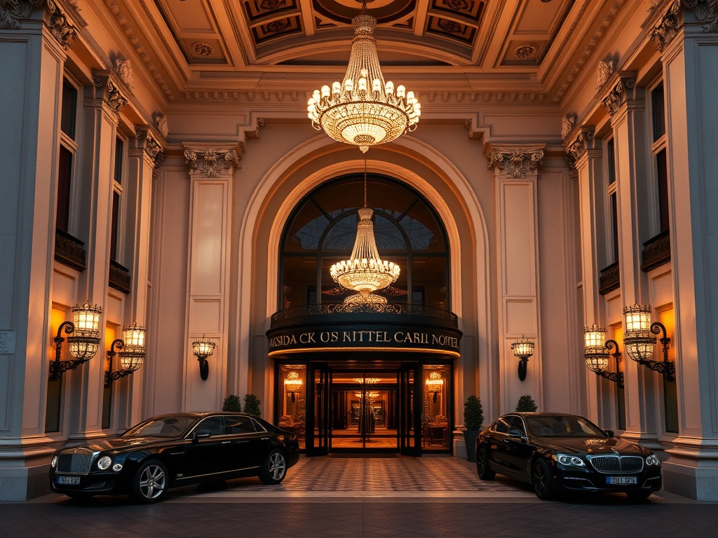 "Opulent Austrian casino hotel entrance at dusk" "ivory black burgundy gold" "grand columns" "glowing chandeliers" "carved marble" "adult elegant ambiance" "subtle limousine arrivals"