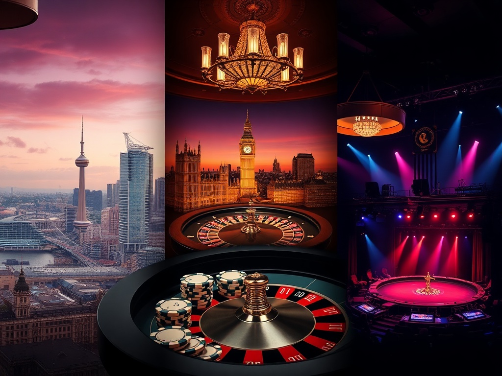 A stylish collage showing London, Birmingham, Manchester skylines; a luxury hotel suite; roulette and poker chips; a vibrant live-show stage; late-night ambiance, cinematic lighting. You MUST not include ANY brand images or logos. You may ONLY reply with 
