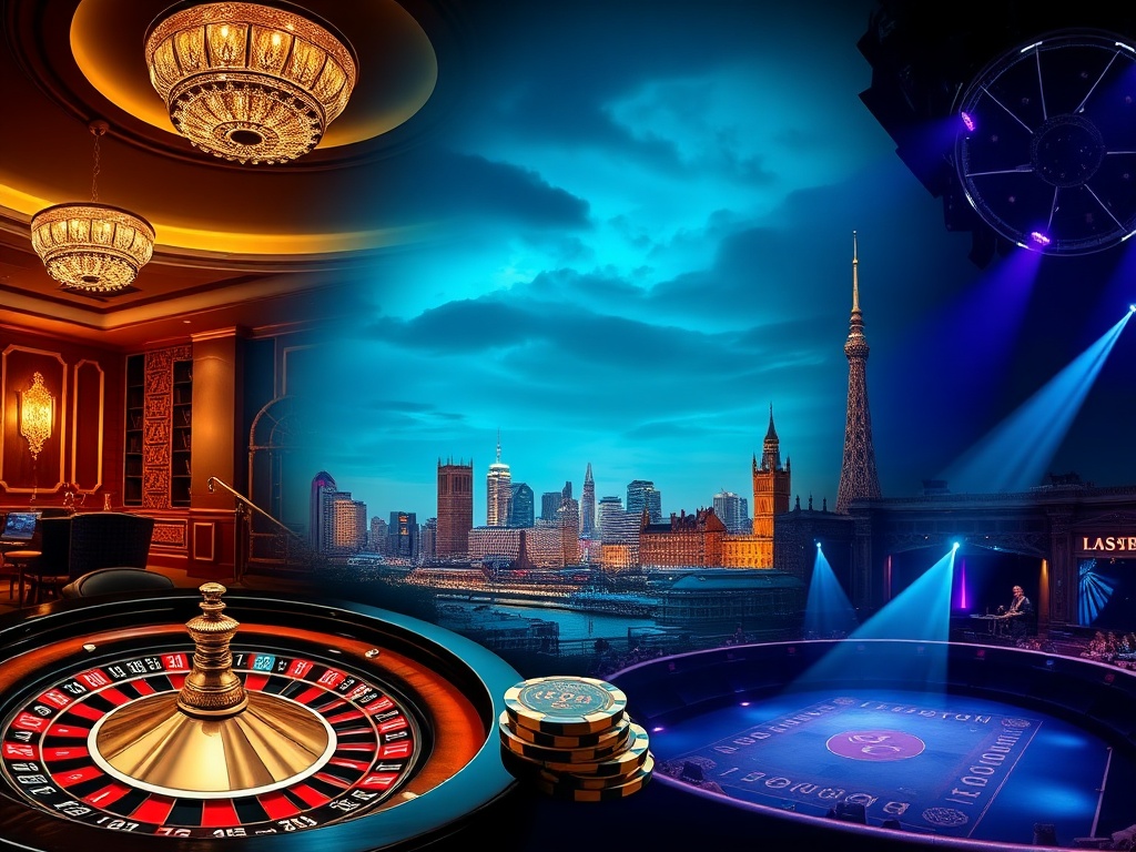 A stylish collage showing London, Birmingham, Manchester skylines; a luxury hotel suite; roulette and poker chips; a vibrant live-show stage; late-night ambiance, cinematic lighting. You MUST not include ANY brand images or logos. You may ONLY reply with 
