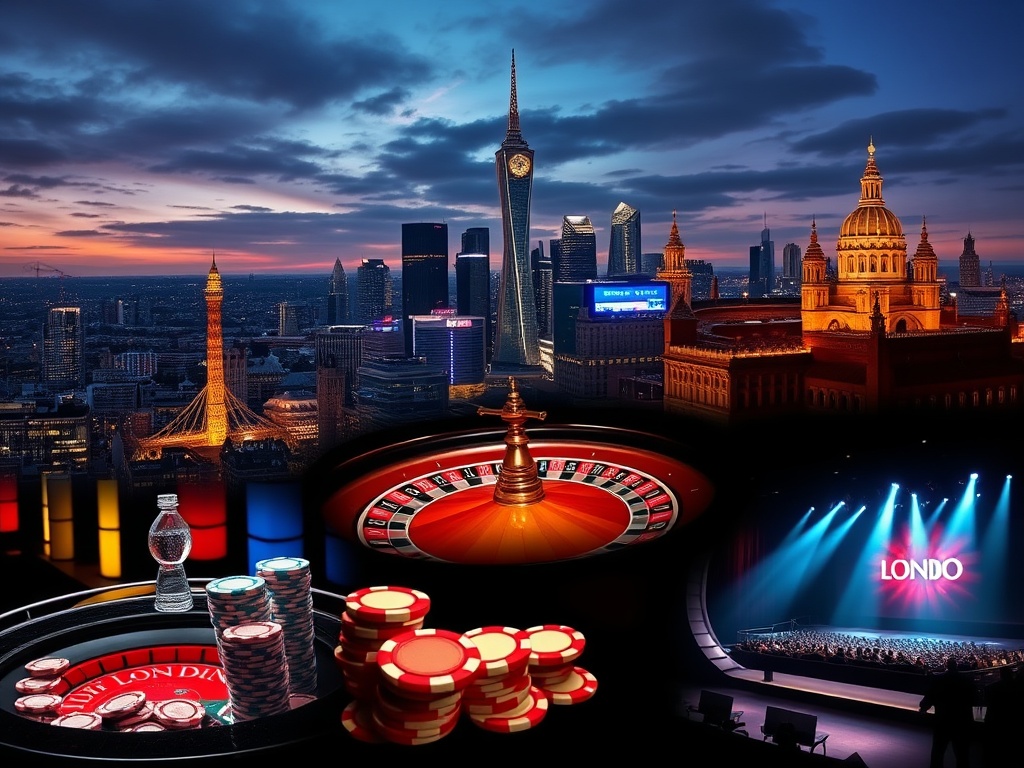 A stylish collage showing London, Birmingham, Manchester skylines; a luxury hotel suite; roulette and poker chips; a vibrant live-show stage; late-night ambiance, cinematic lighting. You MUST not include ANY brand images or logos. You may ONLY reply with 