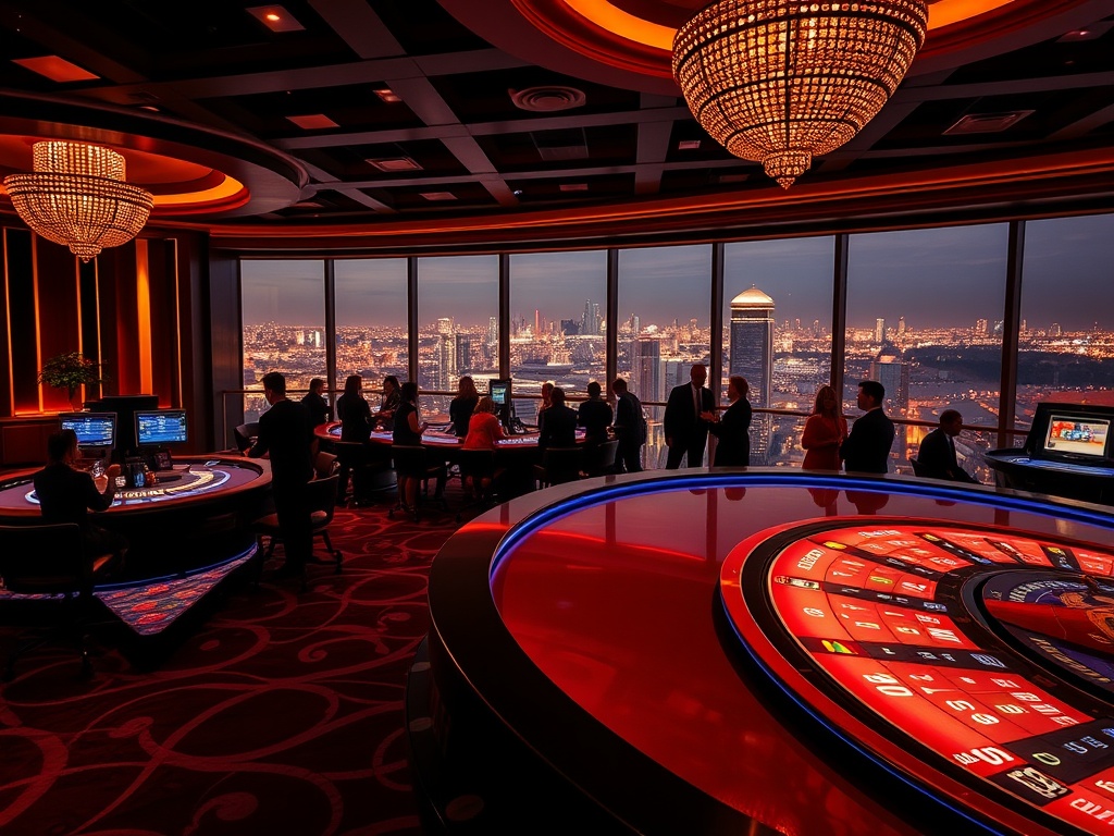 "A luxurious UK casino hotel scene with glowing gaming floor, elegant silhouettes, velvet lounge, rooftop city skyline, soft spotlight reflections, people laughing, modern ambience." "