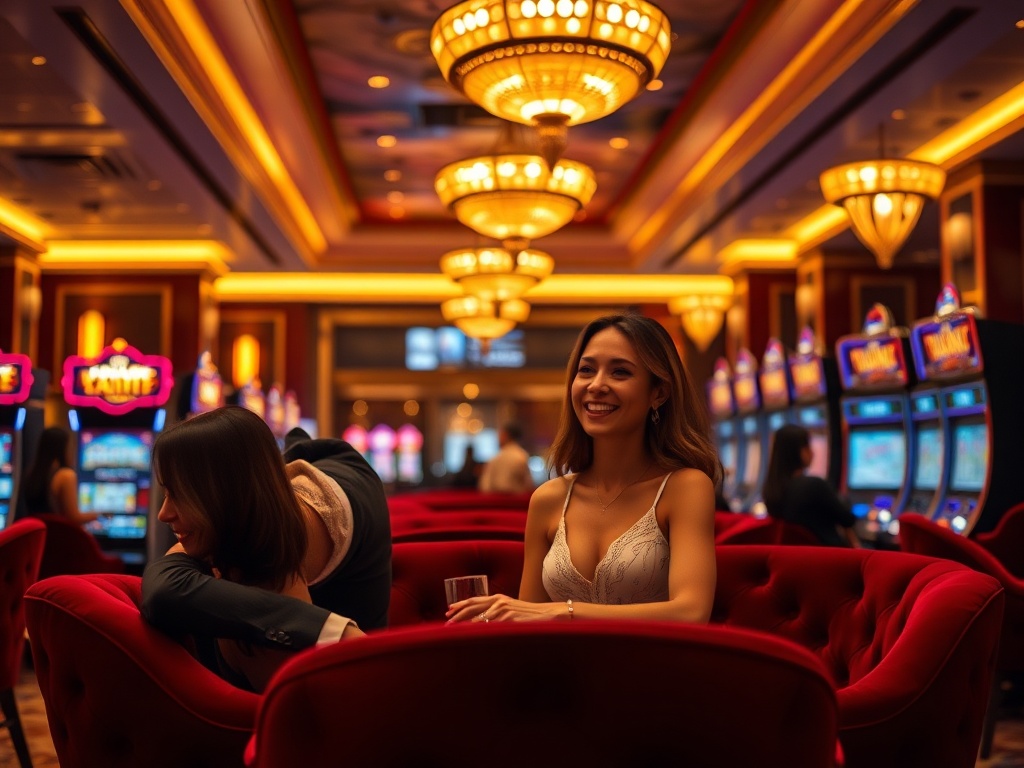 "luxury casino hotel lobby with warm ambient lighting, elegant couple and friends smiling, velvet seating, soft bokeh slot machines glow, concierge welcome mood" "shallow depth of field, cinematic realism"