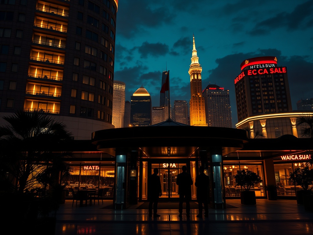 A luxurious hotel night scene "Warschau-style skyline" with warm lights, "casino glow" through glass, silhouettes at entrance, elegant dining and spa ambience, cinematic.