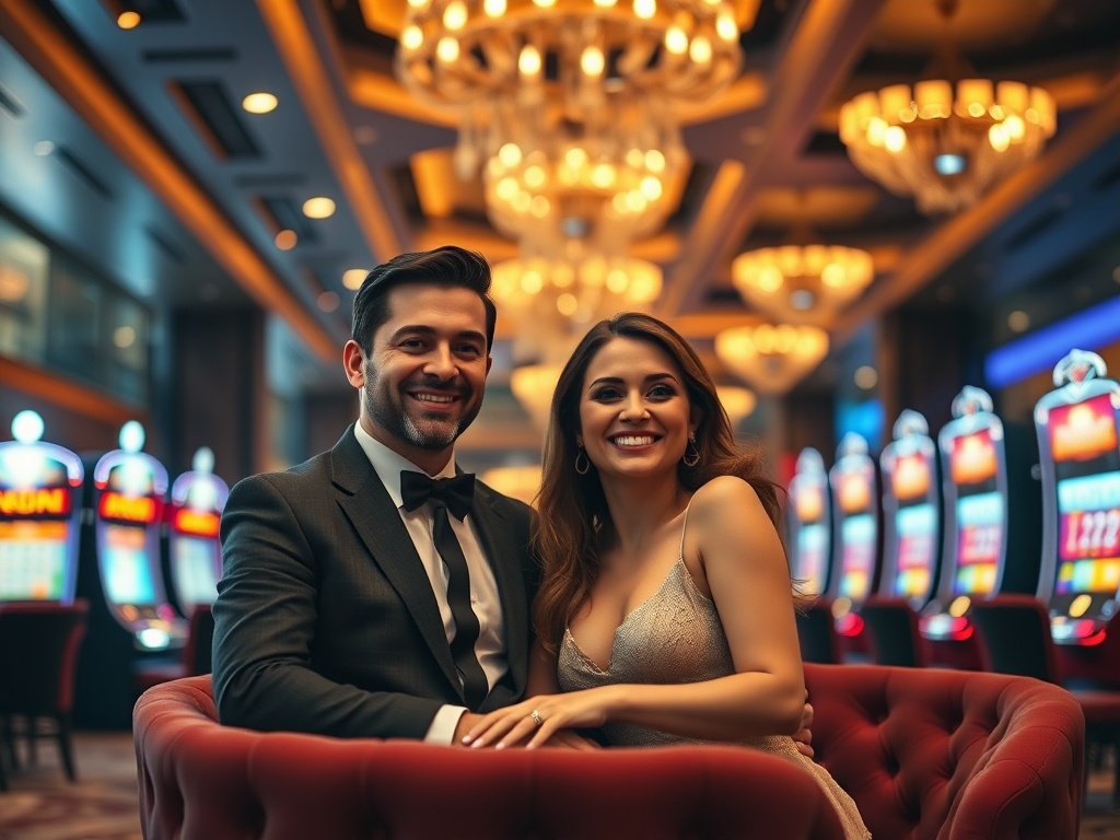 "luxury casino hotel lobby with warm ambient lighting, elegant couple and friends smiling, velvet seating, soft bokeh slot machines glow, concierge welcome mood" "shallow depth of field, cinematic realism"