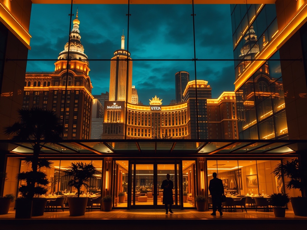 A luxurious hotel night scene "Warschau-style skyline" with warm lights, "casino glow" through glass, silhouettes at entrance, elegant dining and spa ambience, cinematic.