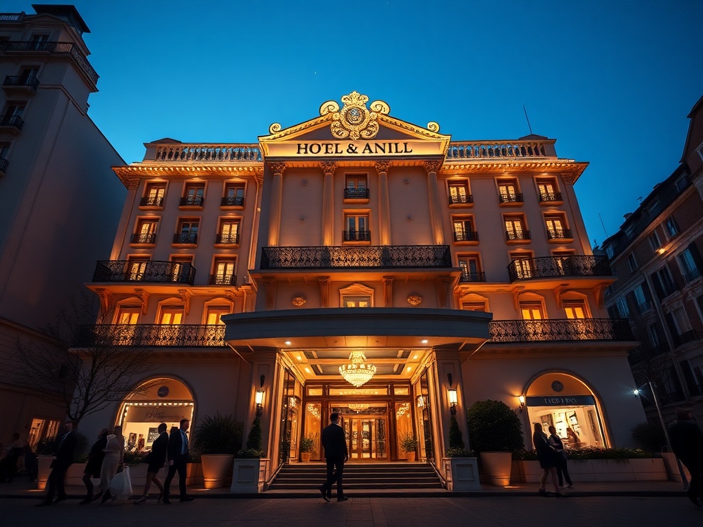 "Luxury hotel facade at night in a European city" "glowing casino entrance" "guests in elegant attire" "warm lights" "subtle skyline" "wellness spa lights"