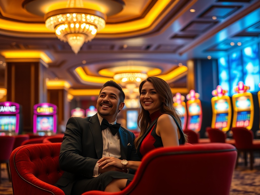 "luxury casino hotel lobby with warm ambient lighting, elegant couple and friends smiling, velvet seating, soft bokeh slot machines glow, concierge welcome mood" "shallow depth of field, cinematic realism"
