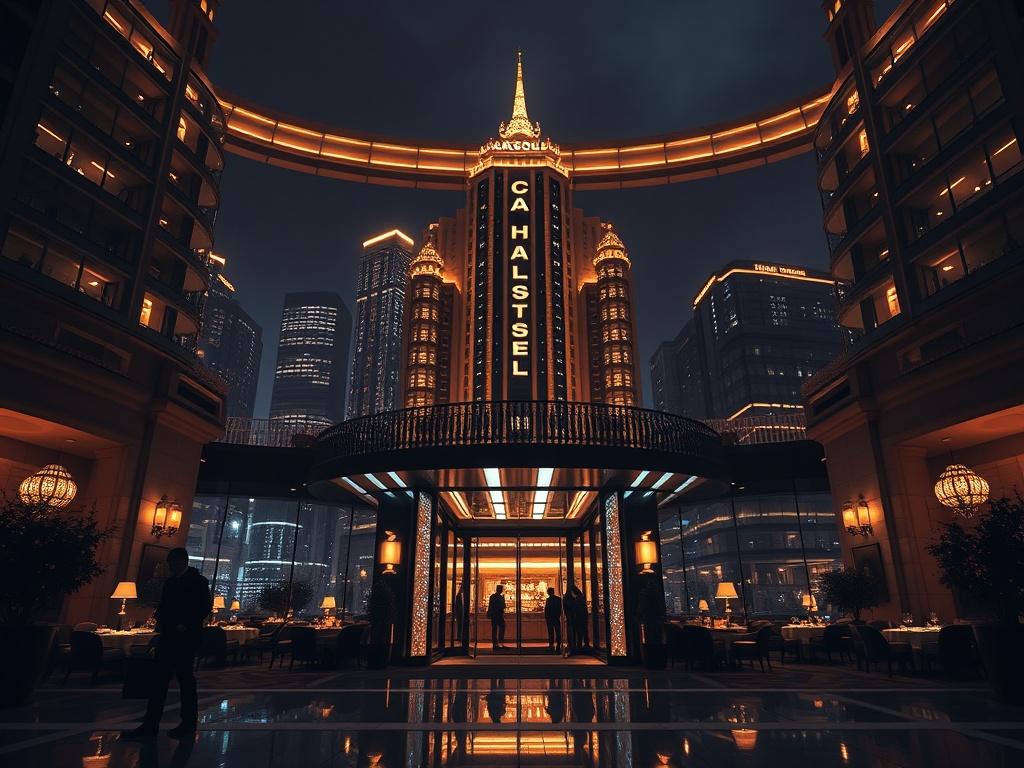 A luxurious hotel night scene "Warschau-style skyline" with warm lights, "casino glow" through glass, silhouettes at entrance, elegant dining and spa ambience, cinematic.