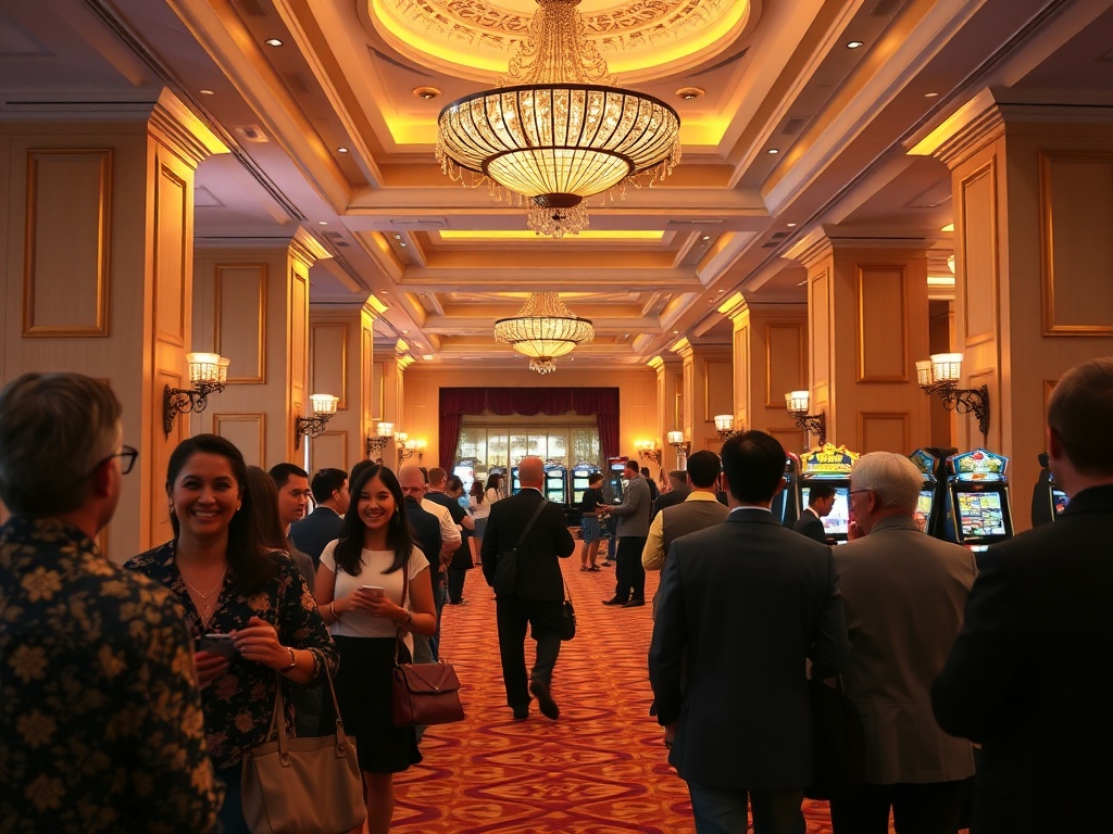 "cozy elegant casino hotel lobby" "smiling diverse guests" "warm golden lighting" "on-site gaming glow" "luxurious suite glimpses"