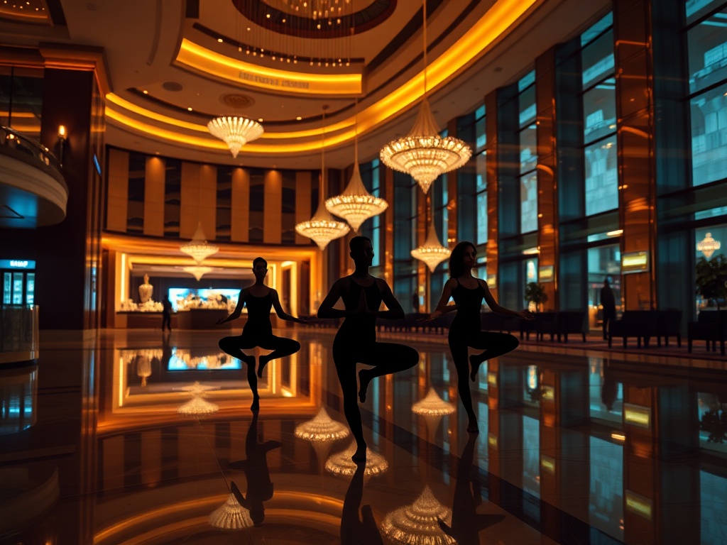 "luxury hotel casino lobby at night, warm lights; beside it, three yoga silhouettes on a glossy floor; flowing prana-like breath waves." "cinematic, high detail, wide-angle, no logos."