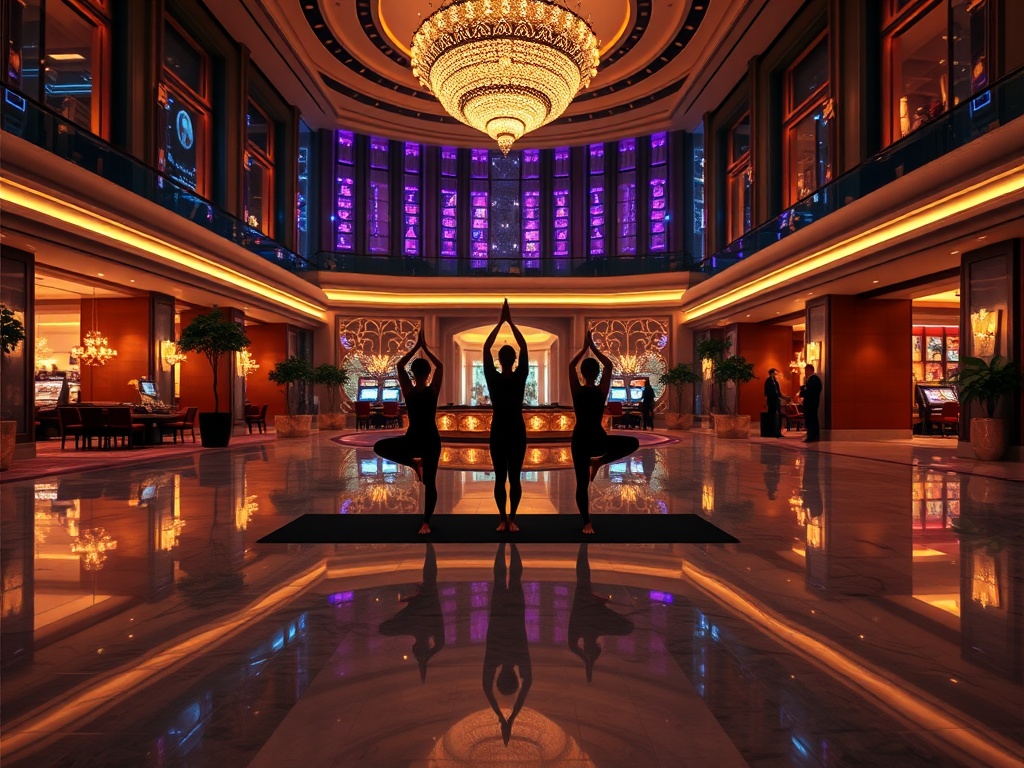 "luxury hotel casino lobby at night, warm lights; beside it, three yoga silhouettes on a glossy floor; flowing prana-like breath waves." "cinematic, high detail, wide-angle, no logos."