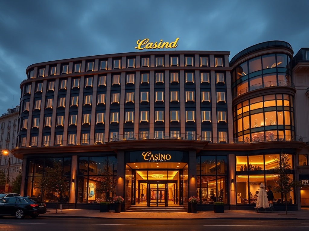 “elegant casino hotel exterior in Warsaw at dusk”, “golden gaming lights and dark glass windows”, “cozy luxury room”, “spa steam and gym”, “fine dining glow”