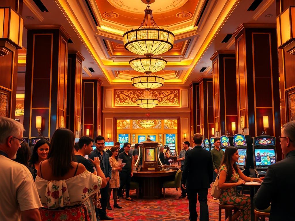 "cozy elegant casino hotel lobby" "smiling diverse guests" "warm golden lighting" "on-site gaming glow" "luxurious suite glimpses"