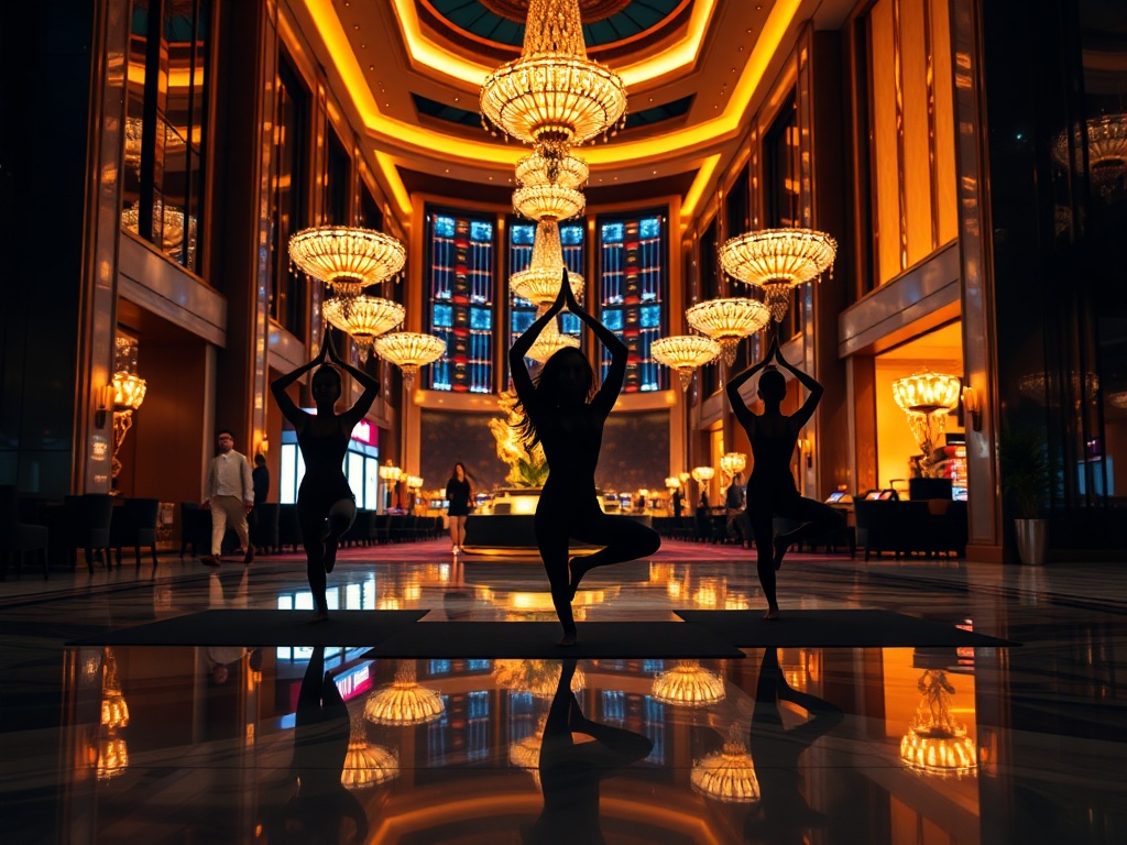 "luxury hotel casino lobby at night, warm lights; beside it, three yoga silhouettes on a glossy floor; flowing prana-like breath waves." "cinematic, high detail, wide-angle, no logos."