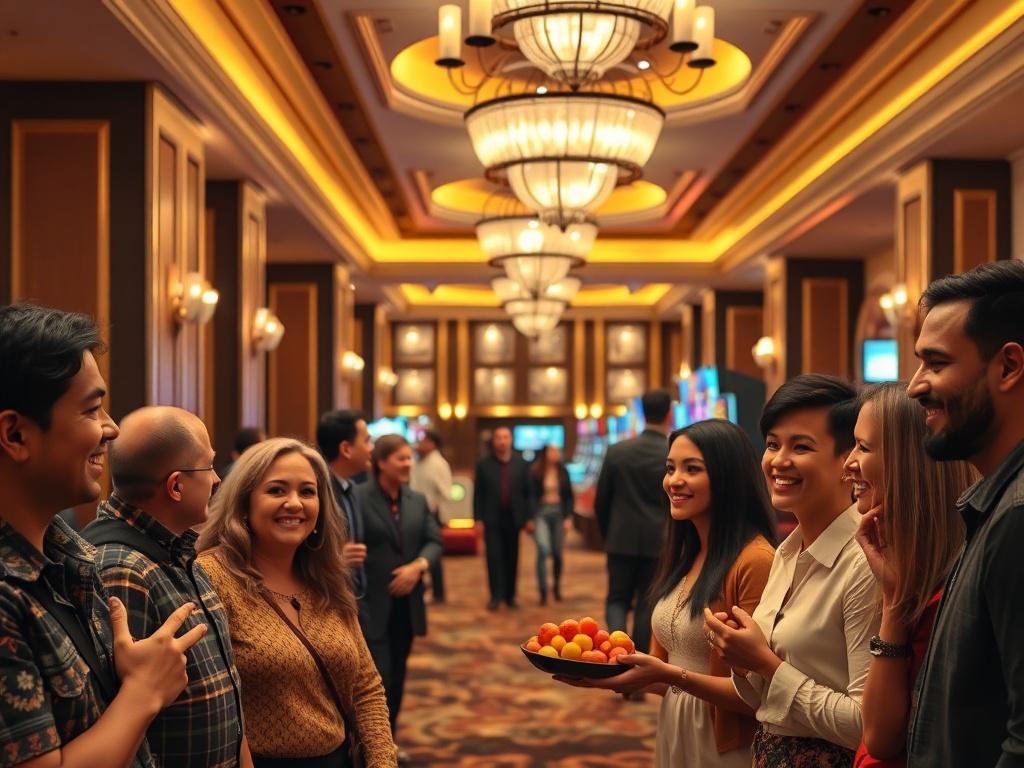 "cozy elegant casino hotel lobby" "smiling diverse guests" "warm golden lighting" "on-site gaming glow" "luxurious suite glimpses"