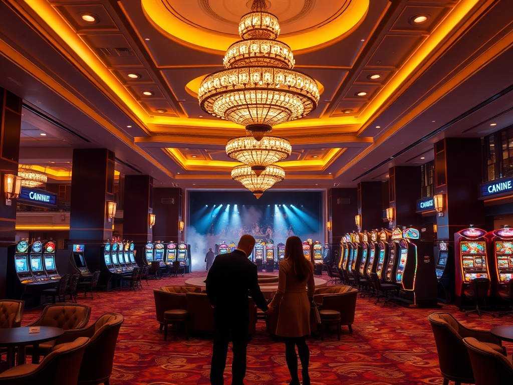 Luxurious Canadian casino hotel lobby with warm lights, velvet seating, gleaming chandeliers, distant gaming tables and slot machines silhouettes, spa steam, live show stage glow, couples and friends, cinematic night view.