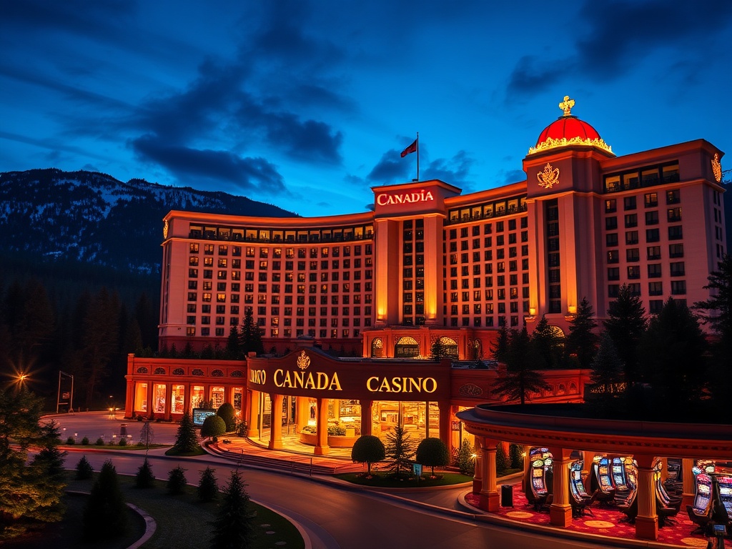 A luxurious Canadian casino hotel at night, warm lights, panoramic skyline and pine forests, elegant entrance, glowing gaming floor, velvet lounges, jets of light.