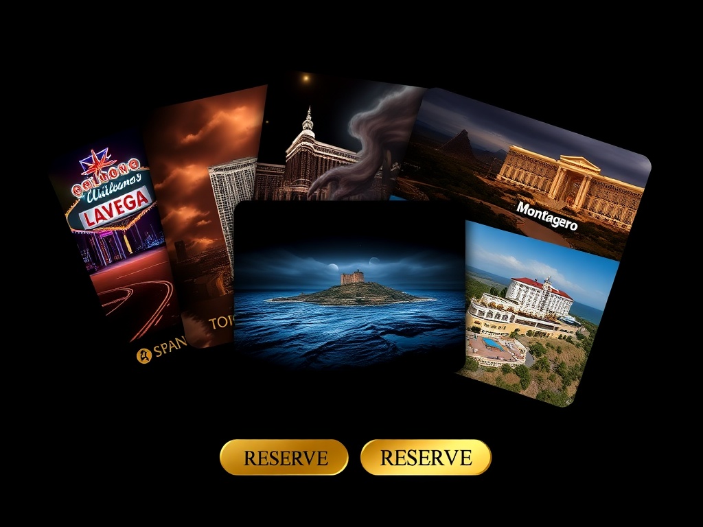 Dark luxury layout, five overlapping casino-hotel cards in gold accents, neon Las Vegas, stormy Montenegro coast, Mediterranean Cyprus resorts, elegant reserve-button shapes, no lettering.