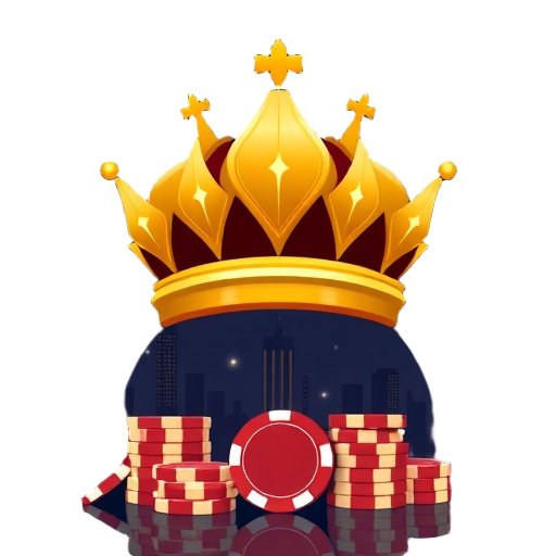 Carefully describe an image in great detail that needs to be generate, use quotes to split visual things. "gold crown" "casino chips" "elegant skyline" "sparkle light" "luxury suite" "dark navy backdrop"