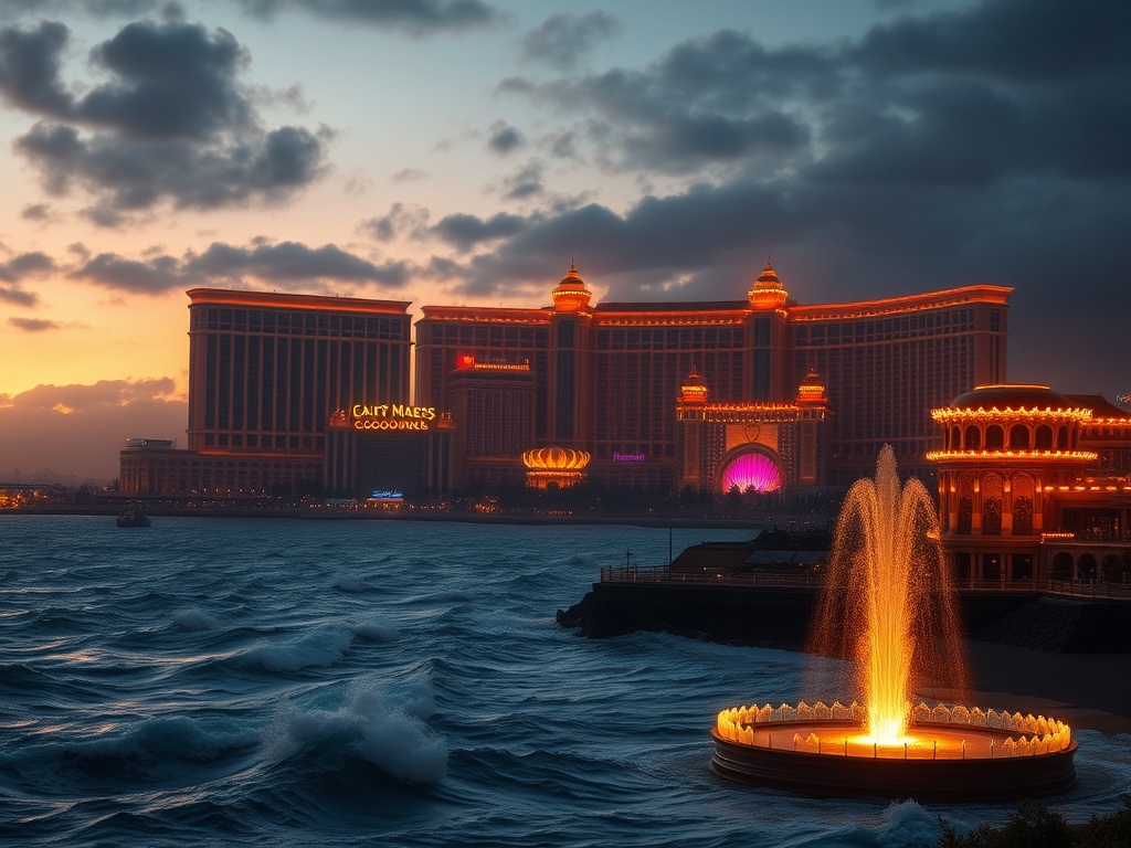 Dark cinematic hero scene with gold accents showing five silhouetted luxury casino resort skylines above churning ocean waves, neon-lit rooftops, elegant fountain, opulent atmosphere, dramatic lighting"