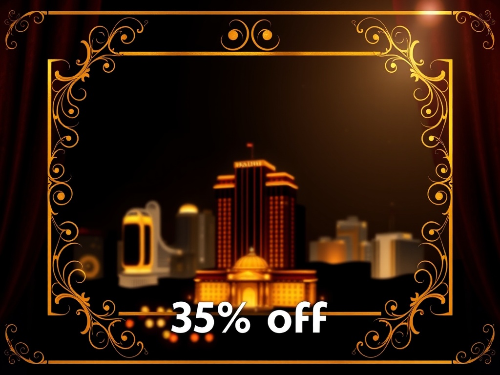 Dark velvet background, gold filigree light frame, opulent hotel silhouette with casino-like glow, elegant skyline bokeh, subtle shimmering spotlight implying 35% discount.