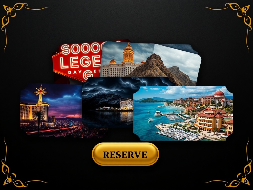 Dark luxury layout, five overlapping casino-hotel cards in gold accents, neon Las Vegas, stormy Montenegro coast, Mediterranean Cyprus resorts, elegant reserve-button shapes, no lettering.