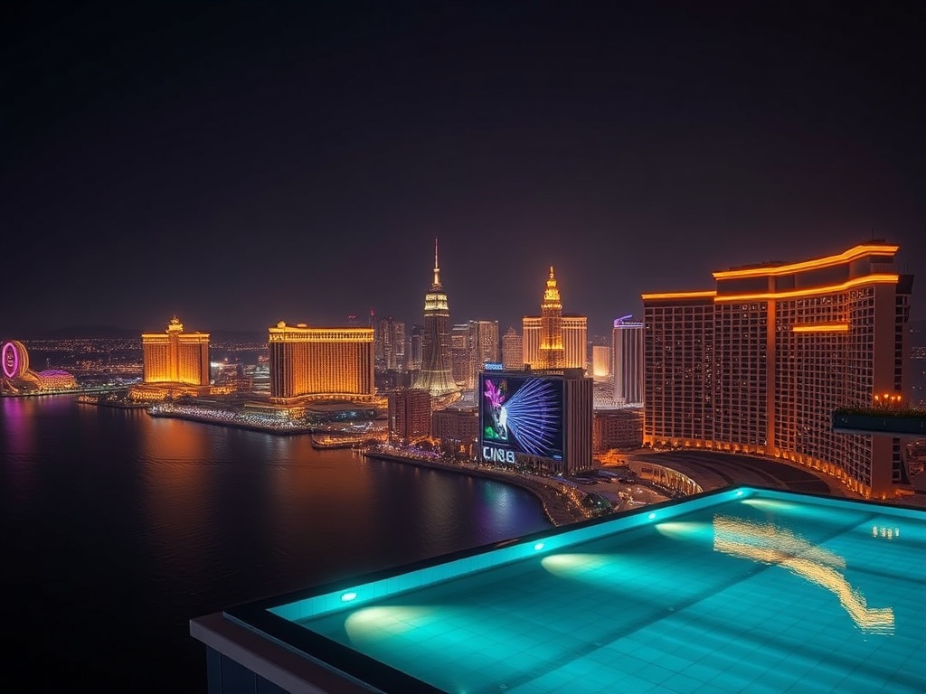Dark night skyline collage with "gold-trimmed casino resort silhouettes" above calm ocean, "rooftop infinity pool glow," neon lights, luxury skyline reflections, cinematic lighting, no logos, no people.