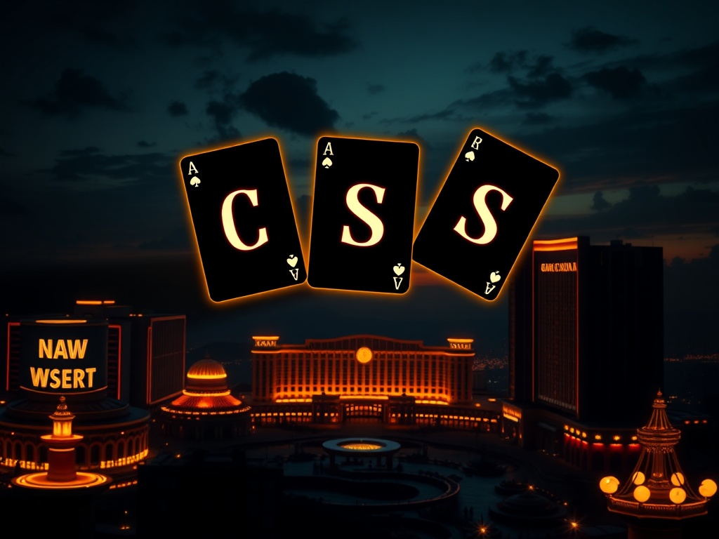 Dark luxury layout showing five floating casino-resort cards “without letters,” neon silhouettes, gold accents, moody skyline, elegant lighting, premium mood, high contrast.