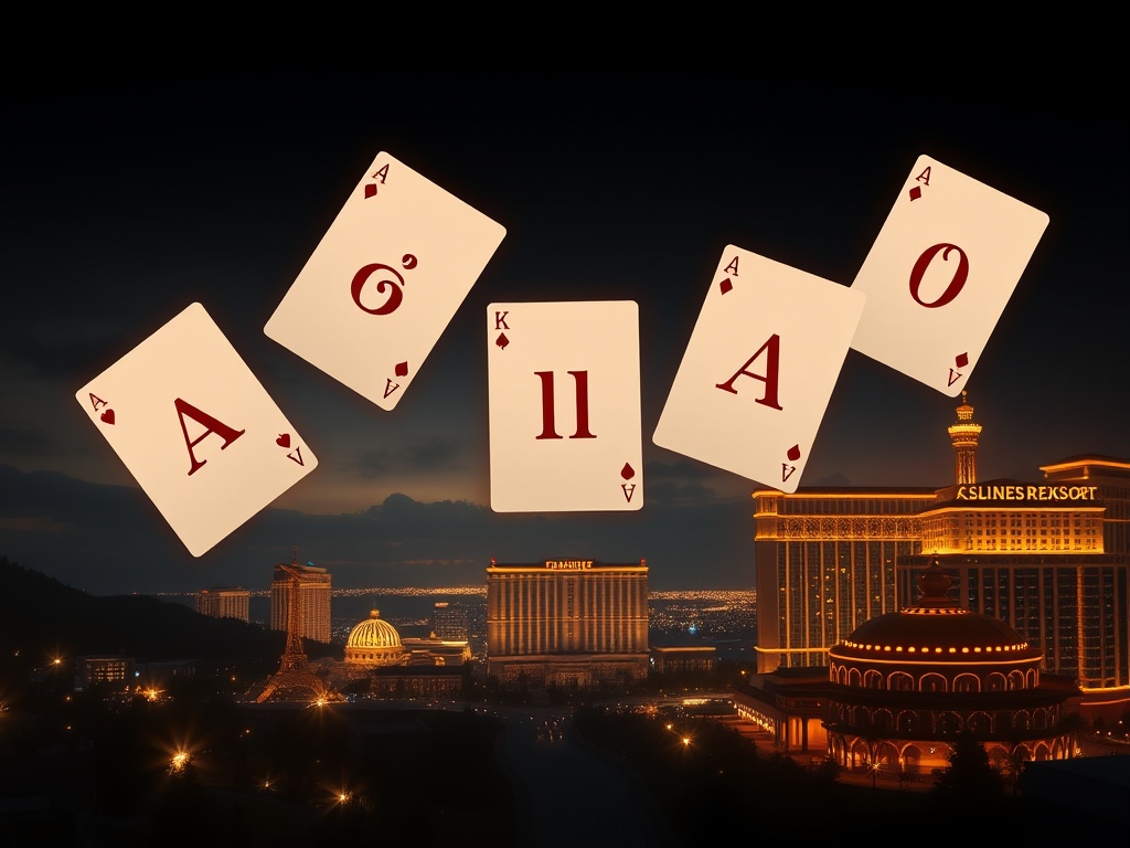 Dark luxury layout showing five floating casino-resort cards “without letters,” neon silhouettes, gold accents, moody skyline, elegant lighting, premium mood, high contrast.