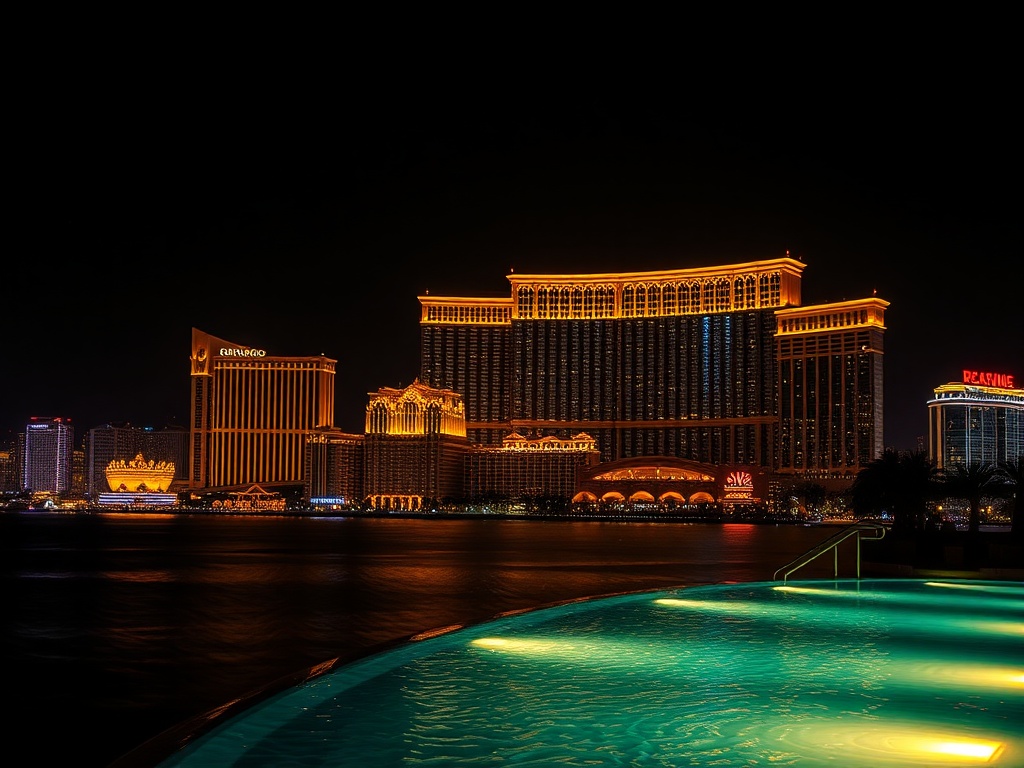 Dark night skyline collage with "gold-trimmed casino resort silhouettes" above calm ocean, "rooftop infinity pool glow," neon lights, luxury skyline reflections, cinematic lighting, no logos, no people.