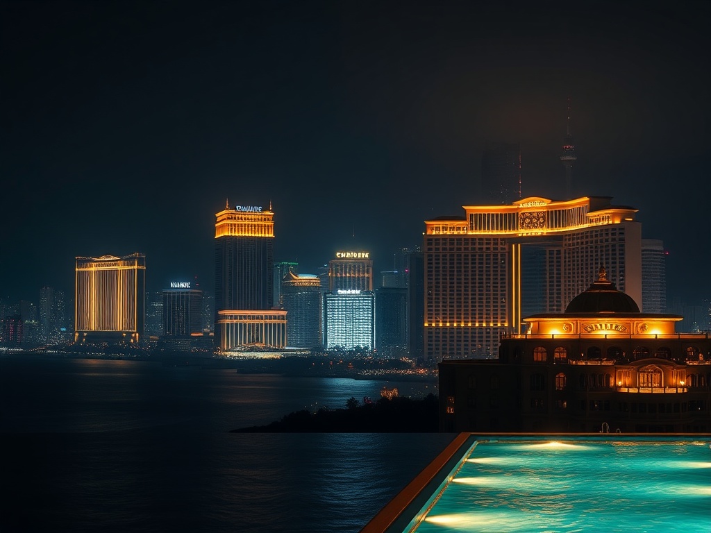 Dark night skyline collage with "gold-trimmed casino resort silhouettes" above calm ocean, "rooftop infinity pool glow," neon lights, luxury skyline reflections, cinematic lighting, no logos, no people.